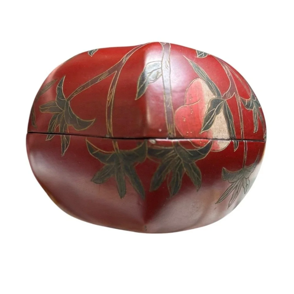 Vintage Japanese Red Lacquer Box Floral Trinket Bowl‎ Lidded Wood Decor